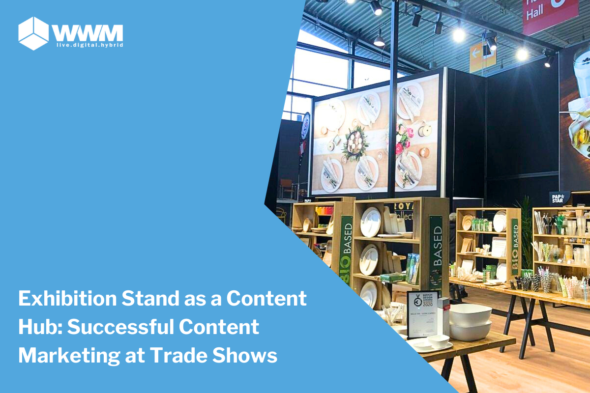 Text 'Trade fair stand as content hub: successful content marketing at trade fairs' and excerpt of a trade fair stand presenting tableware.