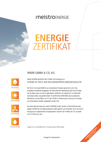 Zertifikat - Strom aus erneuerbaren Energien